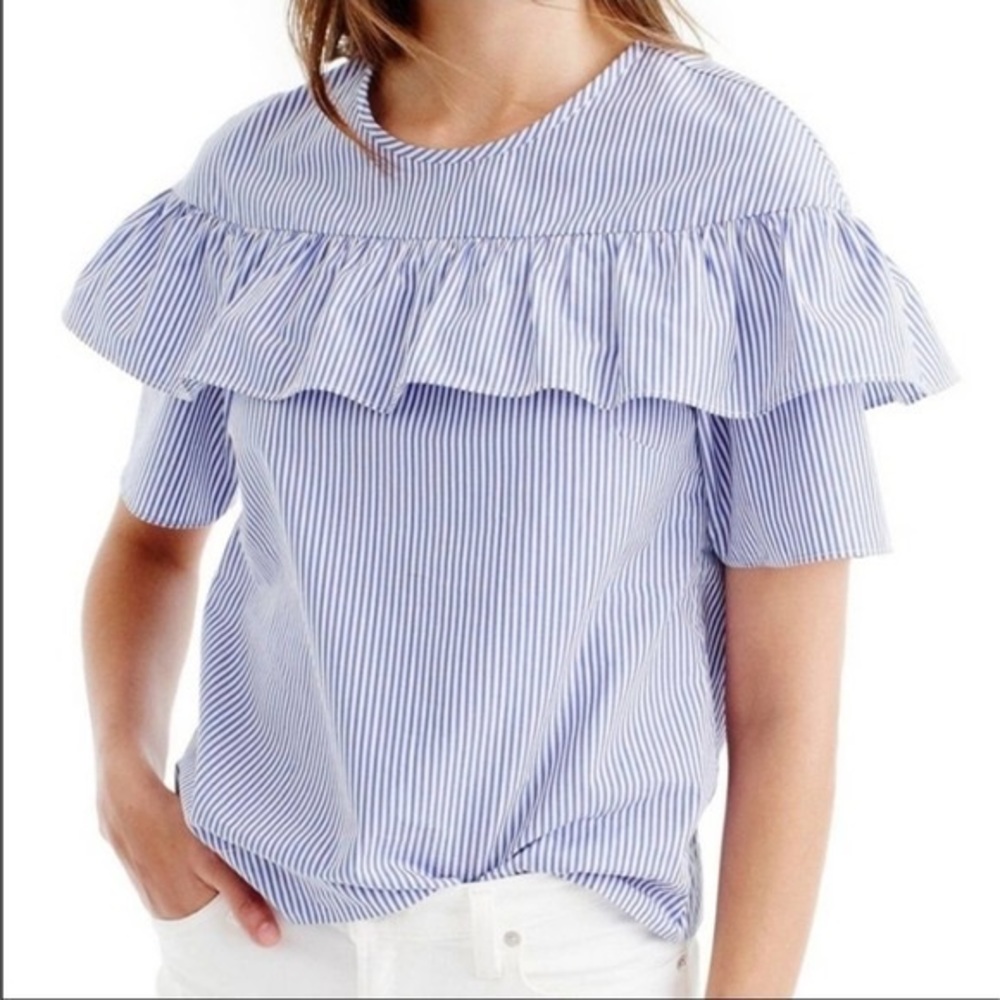 J. Crew & Eddie Bauer | Blue & White Pinstripe Ruffle Short Sleeve Top | Size 4